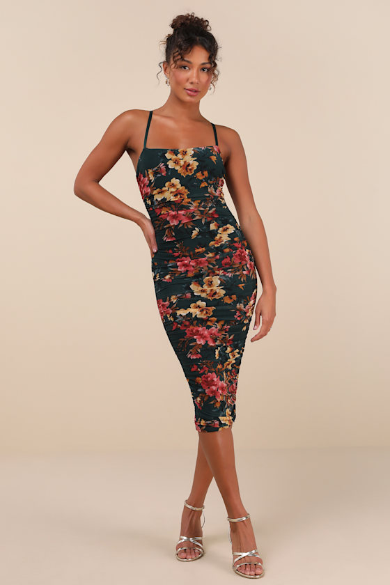 Image of Date Night Beauty Dark Green Floral Print Mesh Ruched Midi Dress