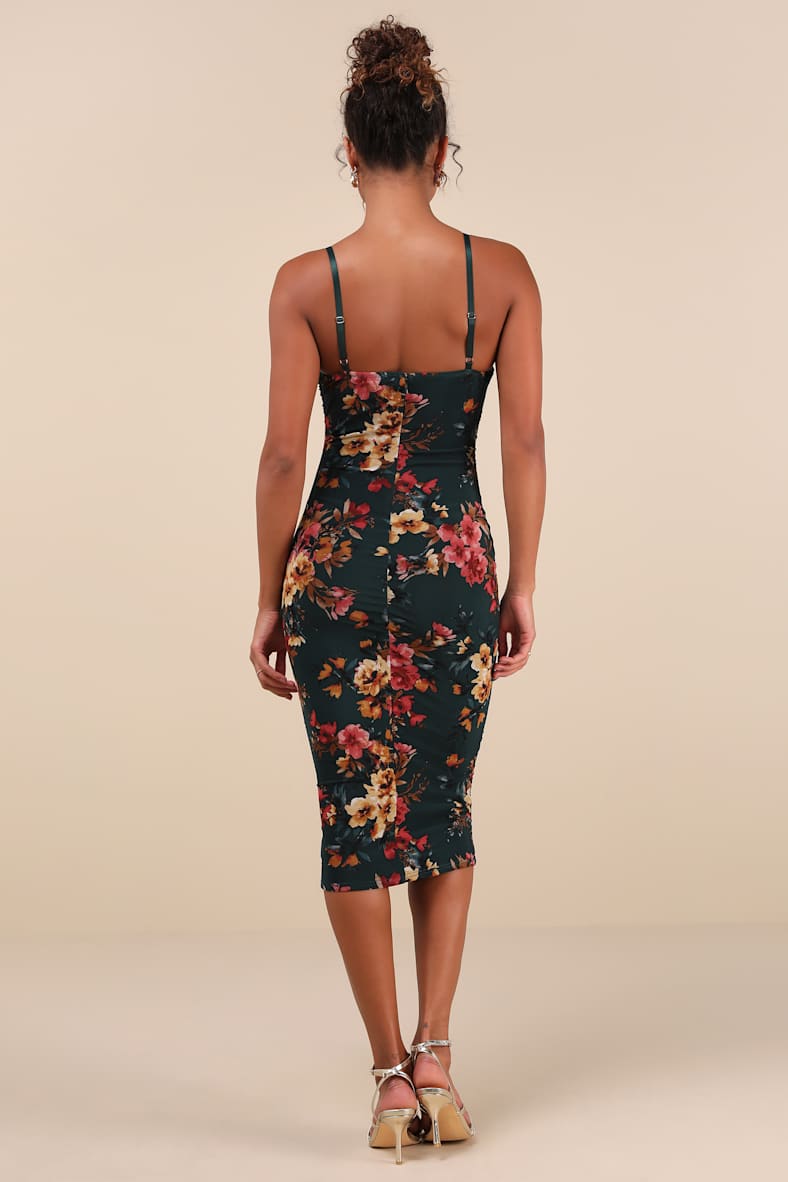 Date Night Beauty Dark Green Floral Print Mesh Ruched Midi Dress