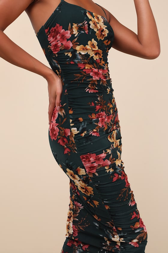 Lulus Date Night Beauty Dark Green Floral Print Mesh Ruched Midi Dress In Dark Green