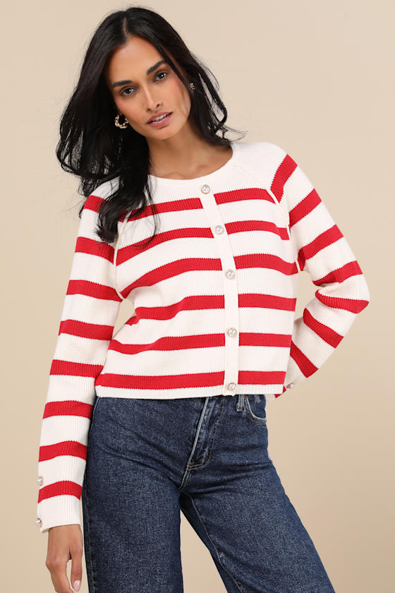 Lulus Cultivated Essential Ivory And Red Striped Cardigan In Ivory