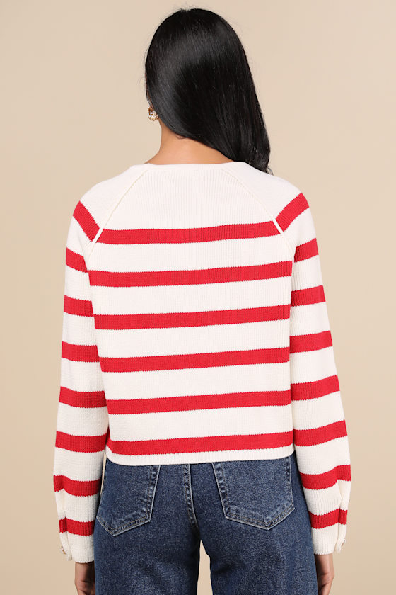 Lulus Cultivated Essential Ivory And Red Striped Cardigan In Ivory