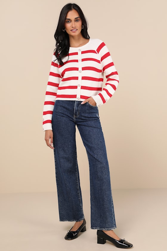 Lulus Cultivated Essential Ivory And Red Striped Cardigan In Ivory