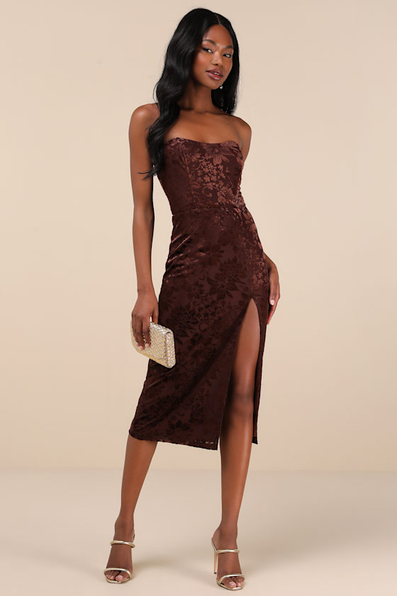 Enchantingly Chic Dark Brown Velvet Burnout Strapless Midi Dress 2