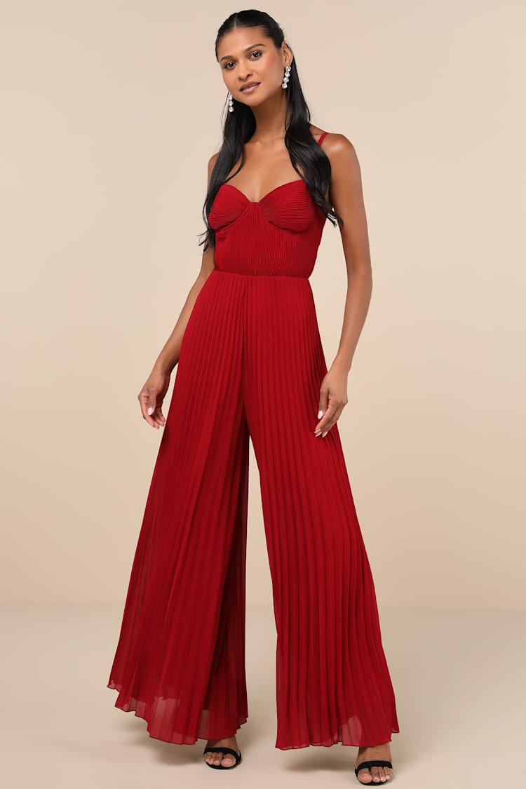 Red Pleated Jumpsuit - Wide-Leg Jumpsuit - Red Bustier Jumpsuit 