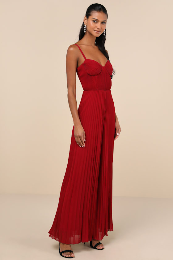 Lulus Exemplary Poise Red Pleated Wide-leg Jumpsuit In Red