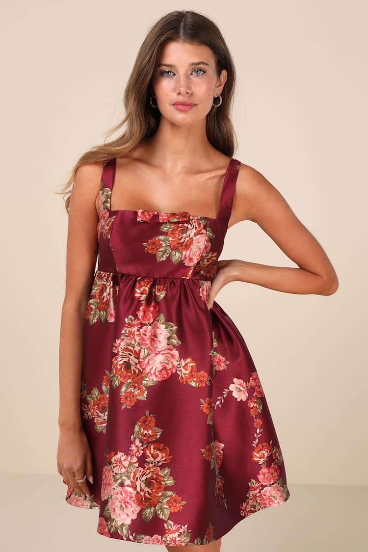 Unbelievably Lovely Red Floral Babydoll Empire Waist Mini Dress