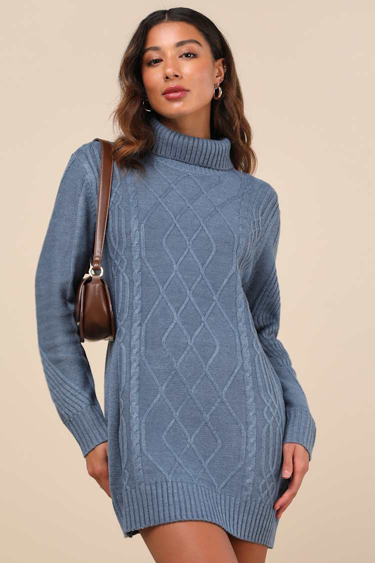 Cuddle Up Close Blue Cable Knit Turtleneck Sweater Dress