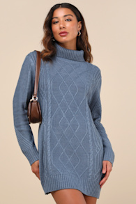 Cuddle Up Close Blue Cable Knit Turtleneck Sweater Dress 1