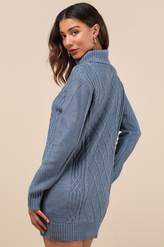 Lulus Cuddle Up Close Blue Cable Knit Turtleneck Sweater Dress In Blue