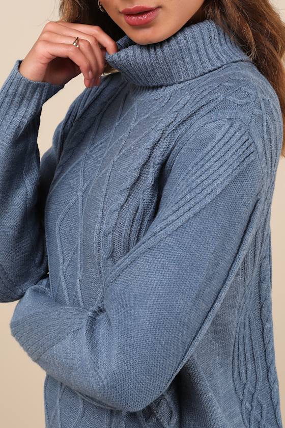 Lulus Cuddle Up Close Blue Cable Knit Turtleneck Sweater Dress In Blue