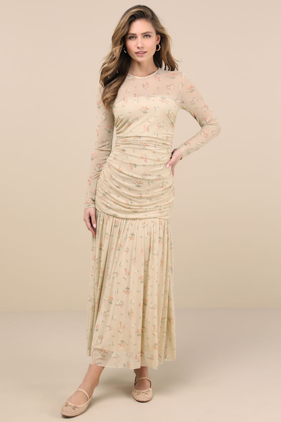 Easy Delight Beige Floral Drop Waist Maxi Dress 1