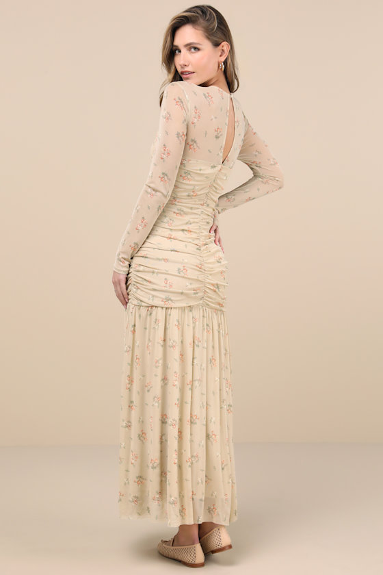 Lulus Easy Delight Beige Floral Drop Waist Maxi Dress In Beige