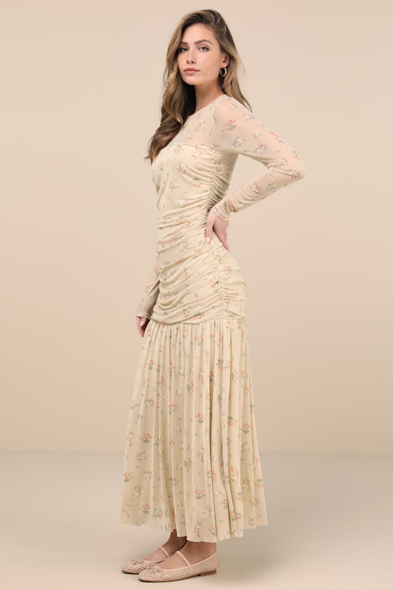 Lulus Easy Delight Beige Floral Drop Waist Maxi Dress In Beige