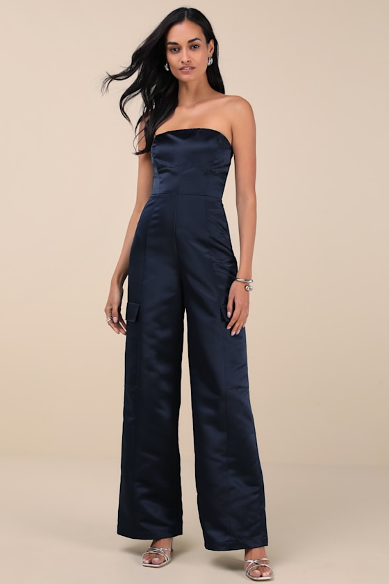 Lulus Chicest Trend Midnight Blue Satin Cargo Jumpsuit In Midnight Blue
