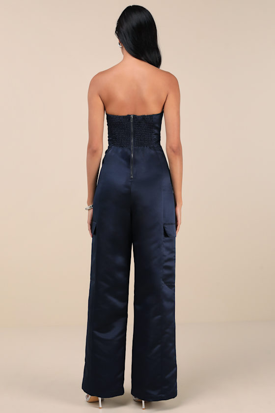 Lulus Chicest Trend Midnight Blue Satin Cargo Jumpsuit In Midnight Blue
