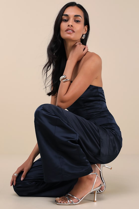 Lulus Chicest Trend Midnight Blue Satin Cargo Jumpsuit In Midnight Blue