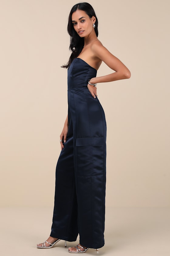 Lulus Chicest Trend Midnight Blue Satin Cargo Jumpsuit In Midnight Blue