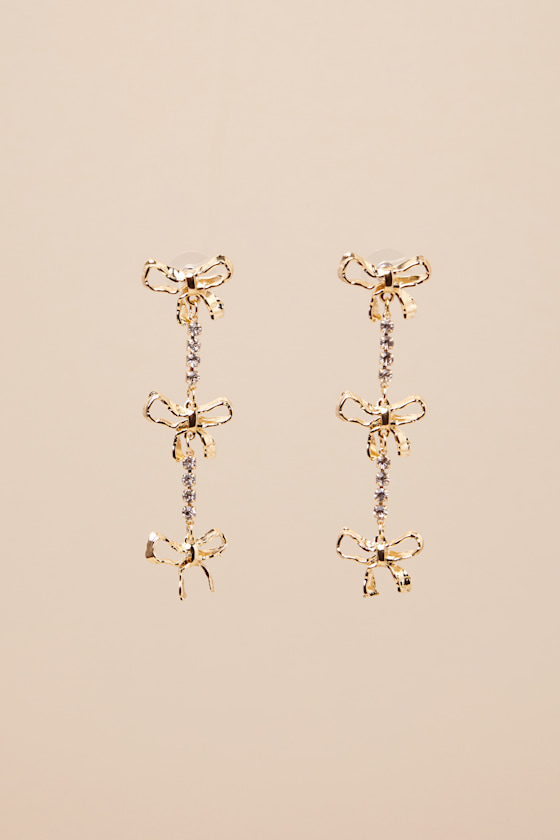 LULUS DELIGHTFUL GLIMMER GOLD BOW DROP EARRINGS