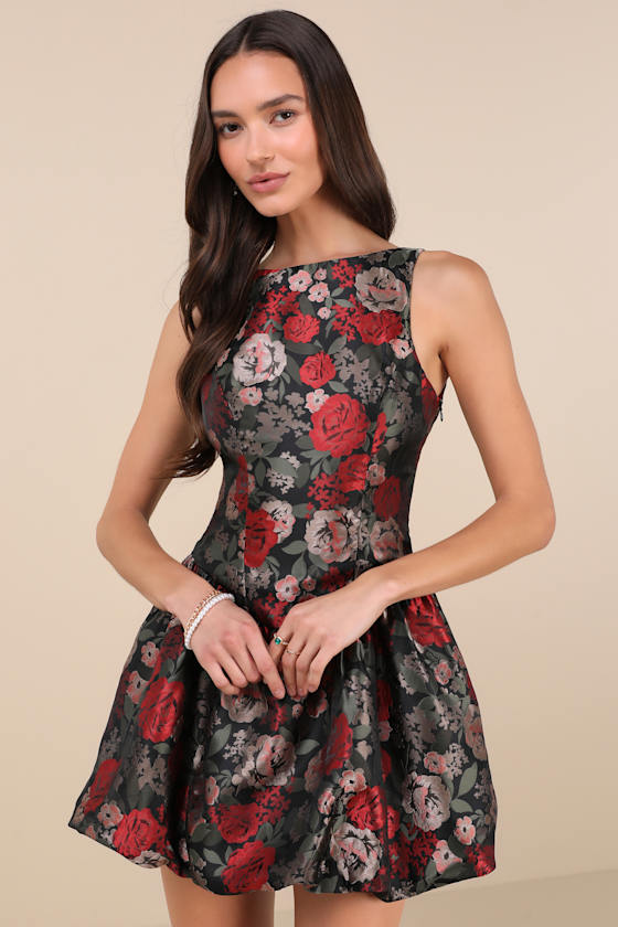 NIA TAMARA BLACK MULTI JACQUARD BUBBLE-HEM MINI DRESS 