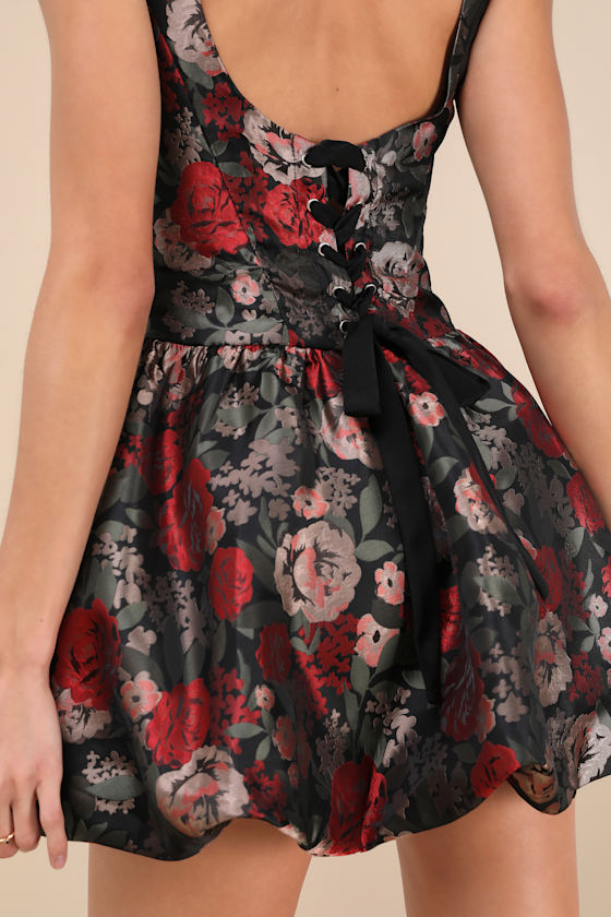 NIA TAMARA BLACK MULTI JACQUARD BUBBLE-HEM MINI DRESS 