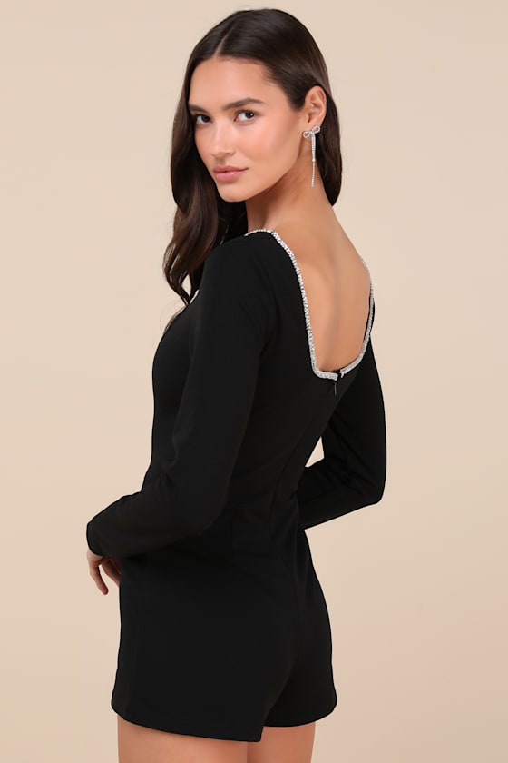 Black Long Sleeve Romper - Rhinestone Romper - Notched Romper - Lulus
