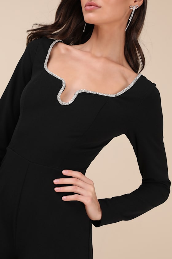 Lulus Marvelous Sparkle Black Rhinestone Long Sleeve Romper In Black