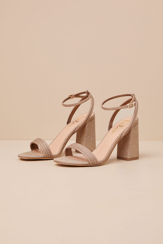 Lulus Mabrie Bronze Glitter Ankle Strap High Heel Sandals In Gold