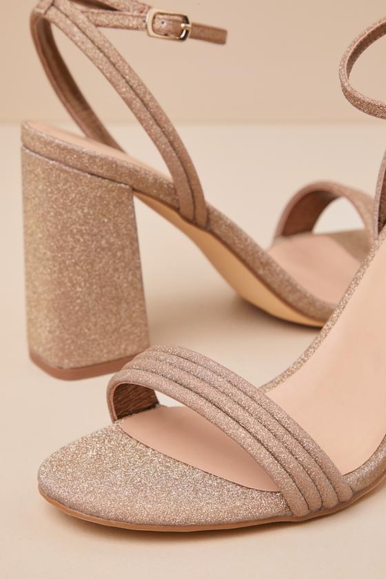 Lulus Mabrie Bronze Glitter Ankle Strap High Heel Sandals In Gold
