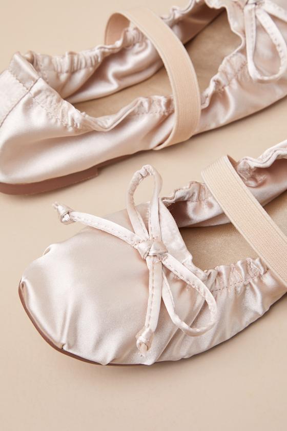 LULUS CALLINDA CHAMPAGNE SATIN BOW BALLET FLATS