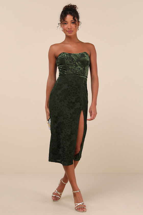 Enchantingly Chic Dark Green Velvet Burnout Strapless Midi Dress 2