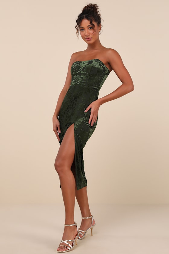 Enchantingly Chic Dark Green Velvet Burnout Strapless Midi Dress 3