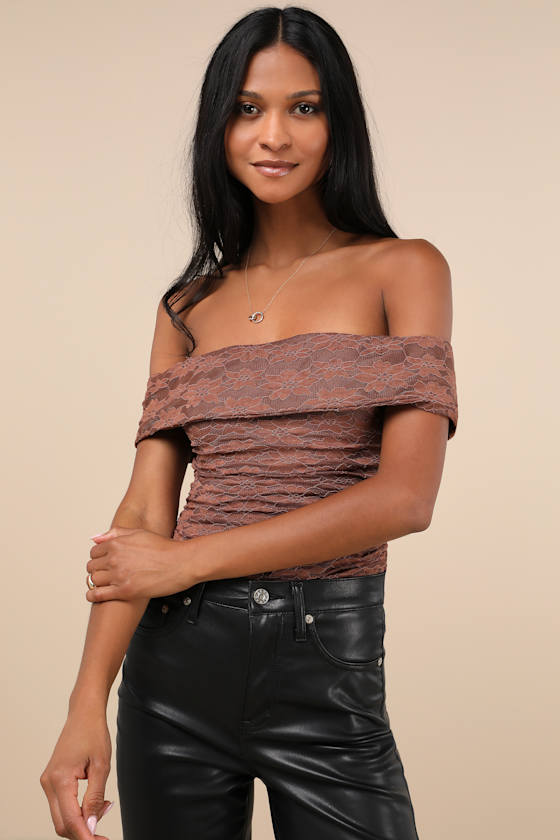 LULUS SULTRY WHIMSY BROWN LACE OFF-THE-SHOULDER BODYSUIT 