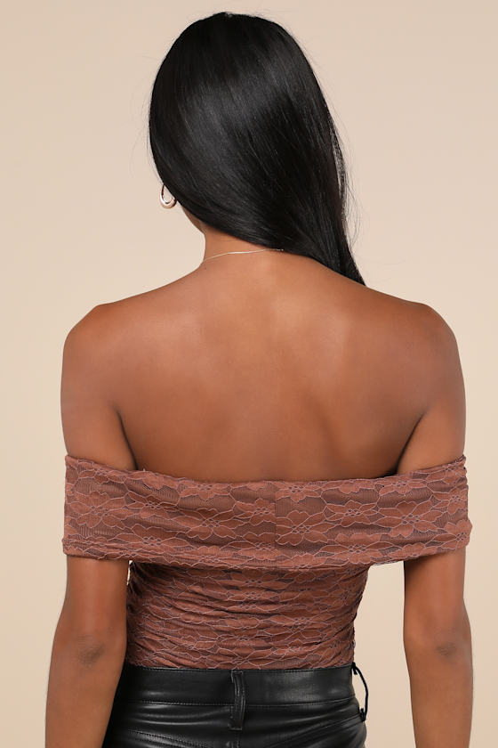 LULUS SULTRY WHIMSY BROWN LACE OFF-THE-SHOULDER BODYSUIT 