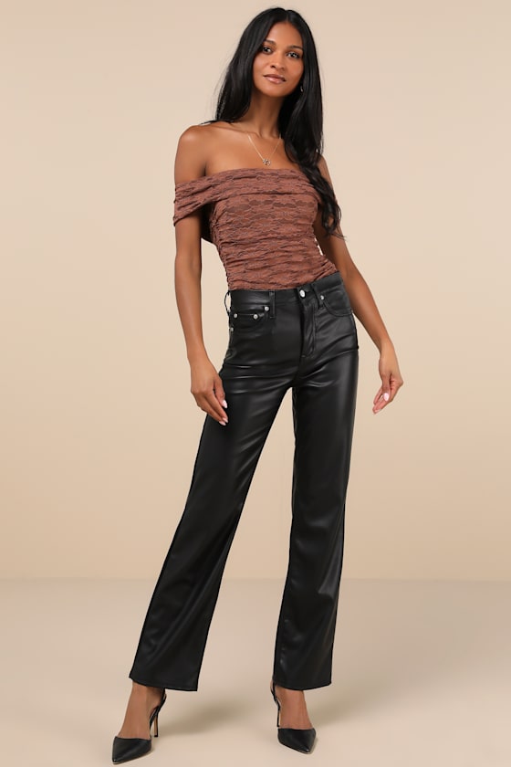 LULUS SULTRY WHIMSY BROWN LACE OFF-THE-SHOULDER BODYSUIT 