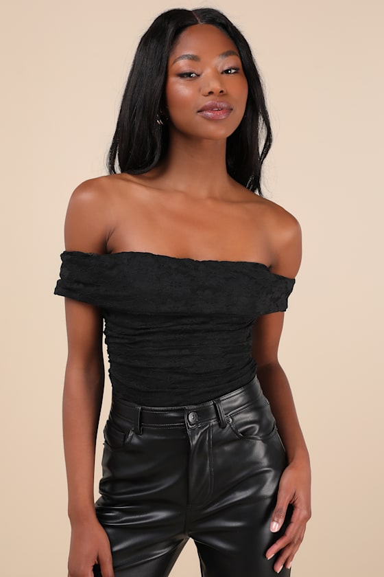 Image of Sultry Whimsy Black Lace Off-the-Shoulder Bodysuit