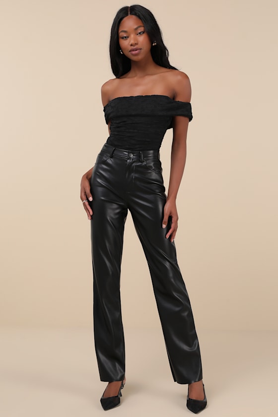 Lulus Sultry Whimsy Black Lace Off-the-shoulder Bodysuit In Black