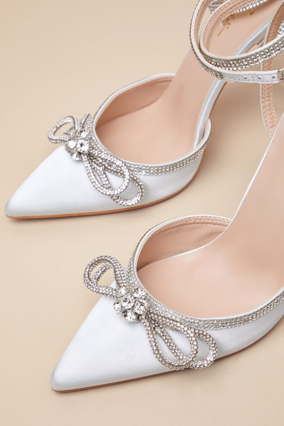 LULUS LULLIE LIGHT BLUE SATIN RHINESTONE ANKLE STRAP POINTED-TOE PUMPS