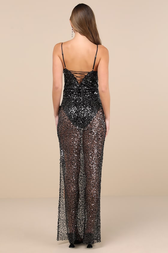 LULUS ENTICING MINDSET BLACK SHEER MESH SEQUIN LACE-UP MAXI DRESS