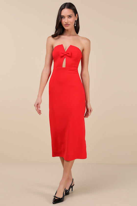 Lulus Vivacious Aesthetic Red Cutout Strapless Midi Dress In Red