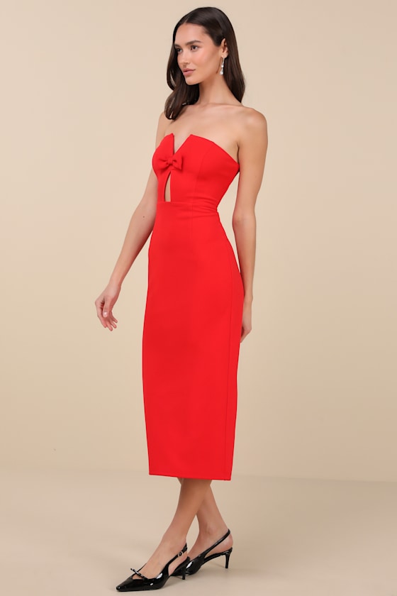 Lulus Vivacious Aesthetic Red Cutout Strapless Midi Dress In Red