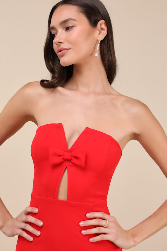 Lulus Vivacious Aesthetic Red Cutout Strapless Midi Dress In Red