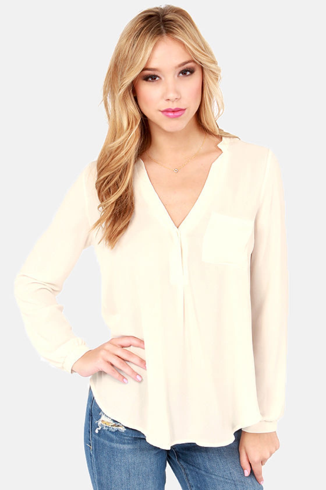Cute Cream Top - Long Sleeve Top - V Neck Top - $40.00 - Lulus
