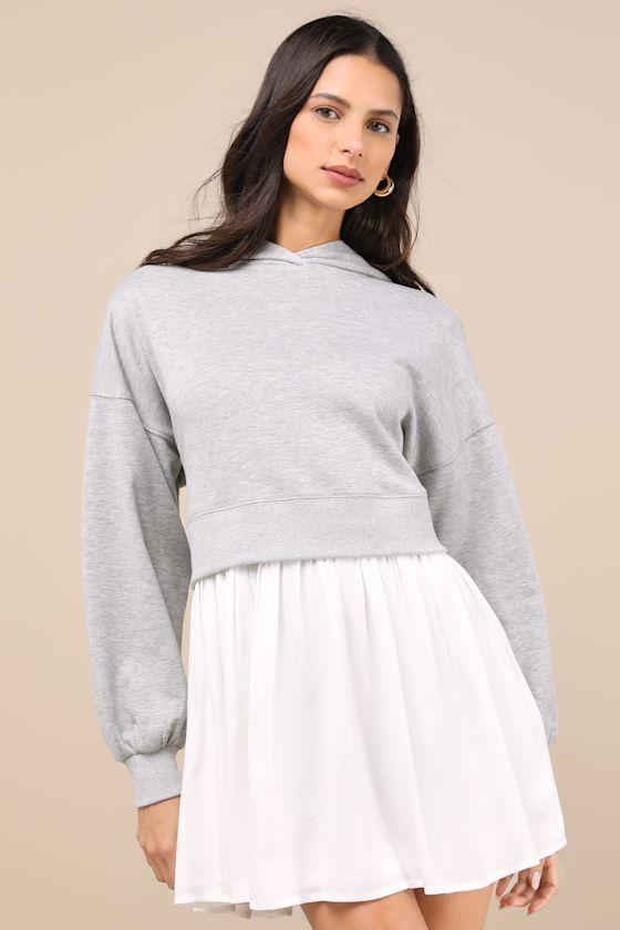 Lulus Serene Sweetness Heather Grey Layered Sweatshirt Mini Dress In Heather Grey