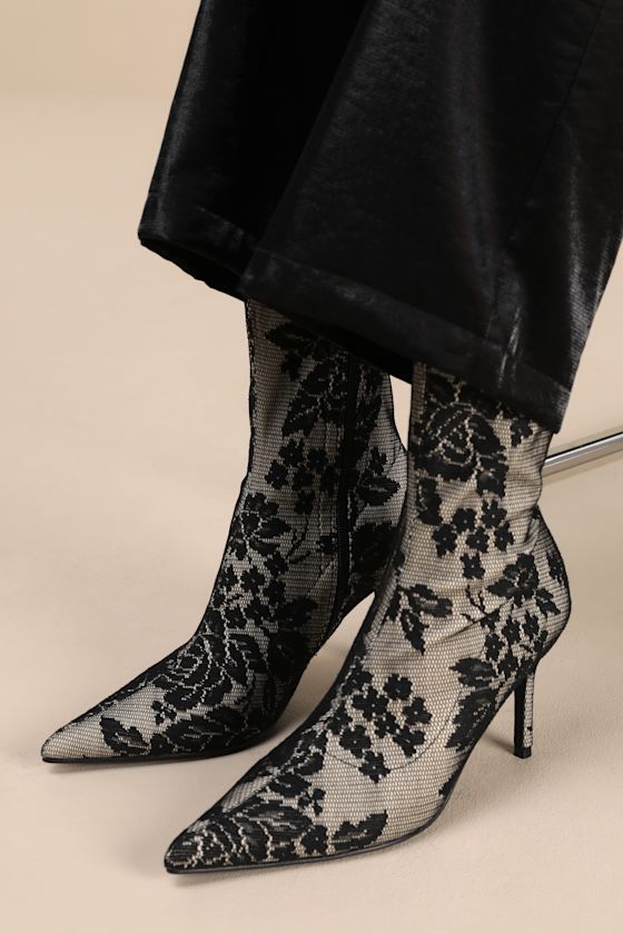 Marquetta Black Lace Pointed-Toe Ankle Booties 1