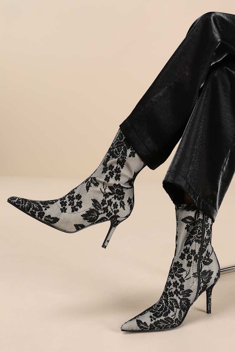 Marquetta Black Lace Pointed-Toe Ankle Booties
