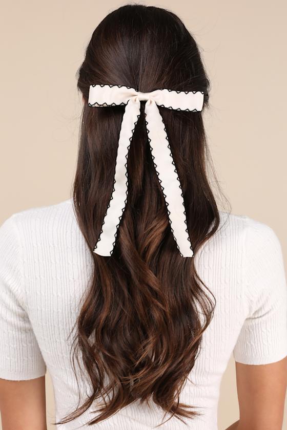 Sweet Credentials Black and Ivory Scalloped Bow Hair Clip Set 1