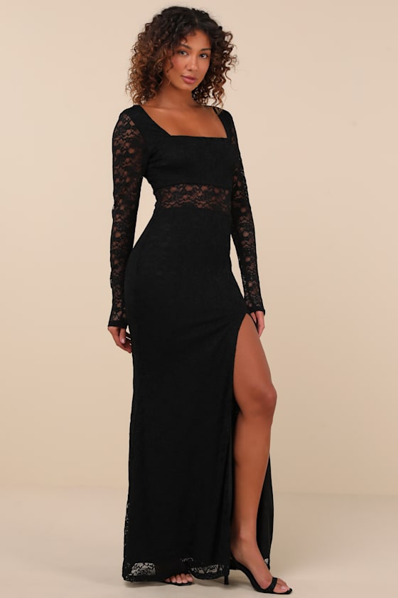 Lulus Sensationally Poised Black Lace Long Sleeve Maxi Dress In Black