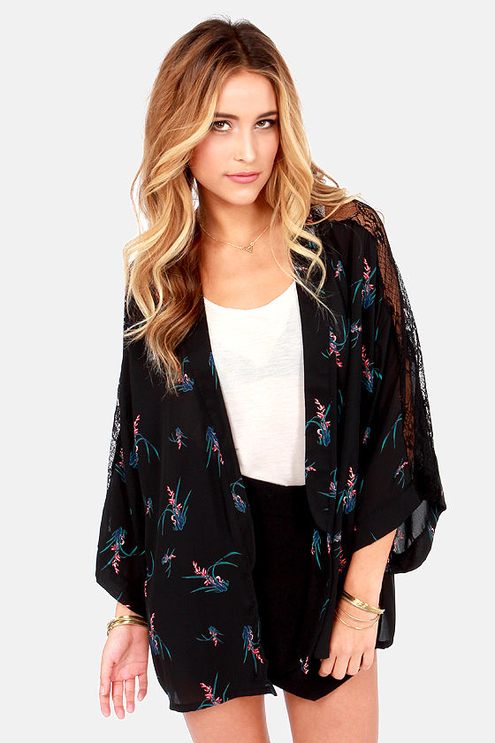 Cute Black Top - Kimono Top - Floral Print Top - Lace Top - $48.00 - Lulus