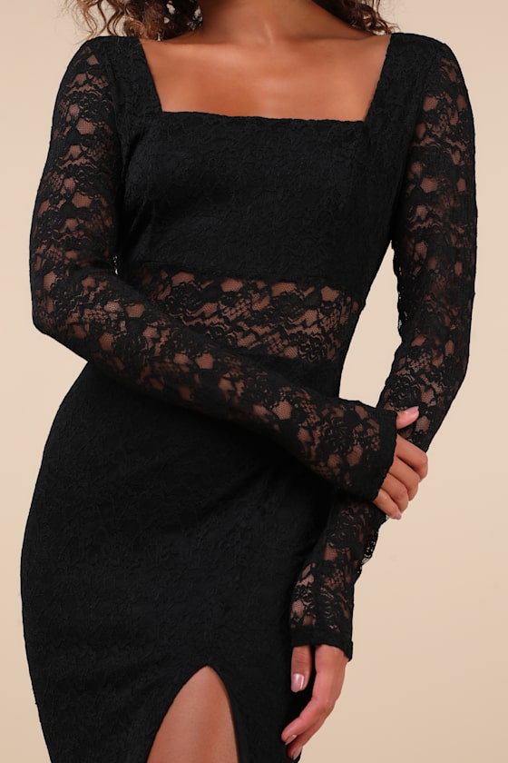Lulus Sensationally Poised Black Lace Long Sleeve Maxi Dress In Black