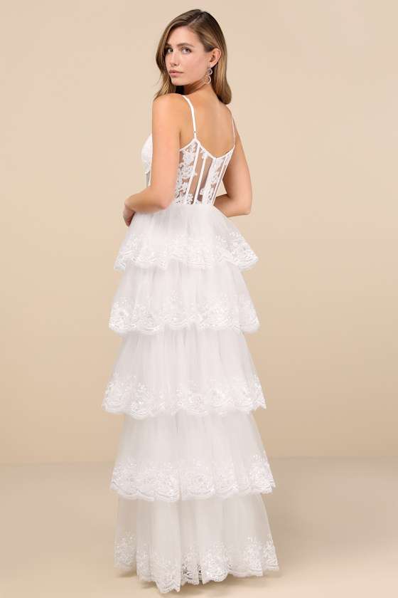 Lulus Alluring Sensation White Tulle Embroidered Tiered Maxi Dress In White
